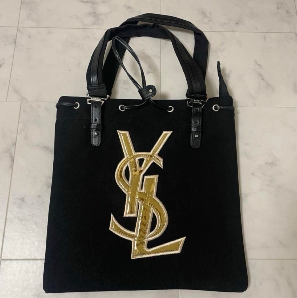 Yves Saint Laurent Black Canvas Tote with Gold Logo